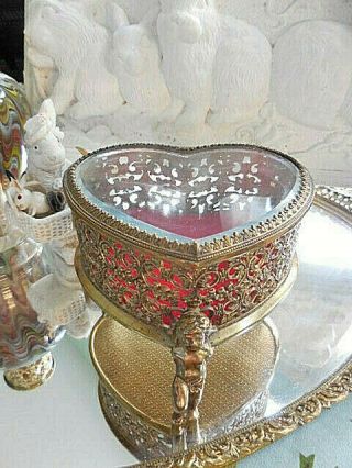 ❤️ Vintage Gold Ormolu Pedastal Heart Cherubs Dresser Box Jewelry Casket ❤️