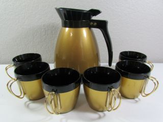 Vintage West Bend Thermo - Serv Usa Black Gold Coffee Carafe Pitcher W/6 Cups Mugs