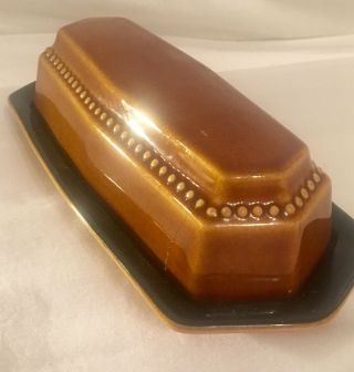 Mid Century Glazed Ceramic Covered Butter Dish Vintage Brown And Black