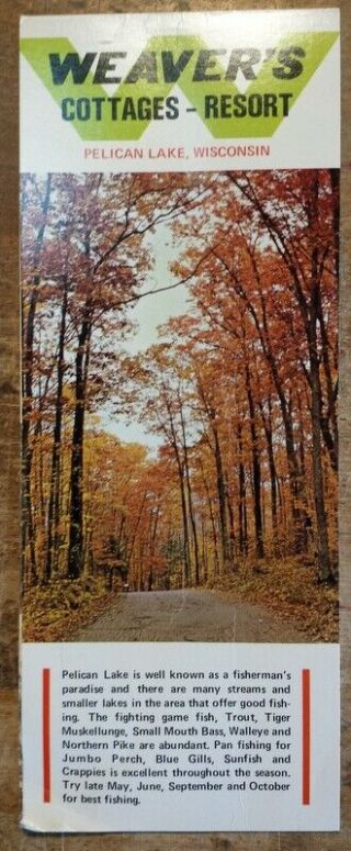 Vintage Pelican Lake,  Wisconsin Wi Travel Brochure Weaver 