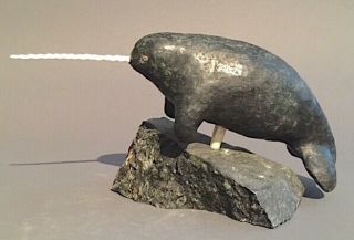 Inuit Art Eskimo Carving Sculpture Stone Collector Narwhale Hotman 65982 1990
