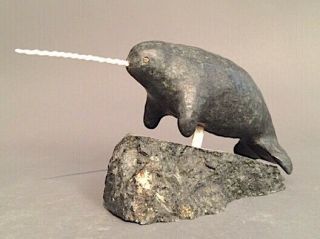 Inuit Art Eskimo Carving Sculpture stone collector Narwhale Hotman 65982 1990 2