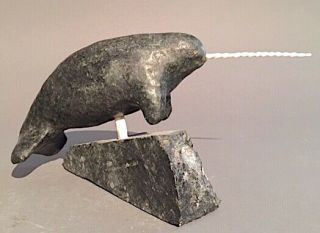 Inuit Art Eskimo Carving Sculpture stone collector Narwhale Hotman 65982 1990 4
