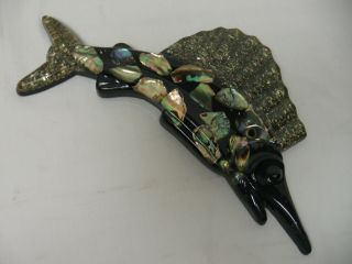 Vintage Swordfish & Seahorse Wall Plaque Abalone Shells Nautical Decor 5