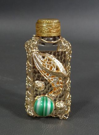 Deco Bohemian Glass Perfume Bottle Flask W/gilt Filigree Case Flower Green Agate