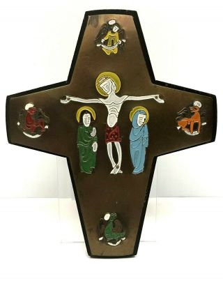 Vtg Mid Century Modern Cross Crucifix Copper Enamel Tetramorph 4 Evangelists