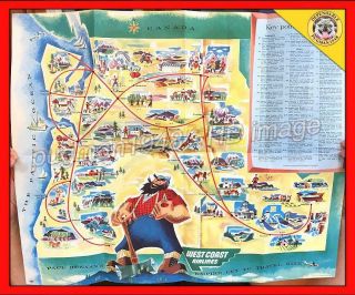 West Coast Airlines 1954 Airline Brochure.  Large Paul Bunyan Map