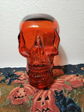 Glass Skull 10 Inch Heavy Thick Statue Skeleton Head Orange Halloween Decor
