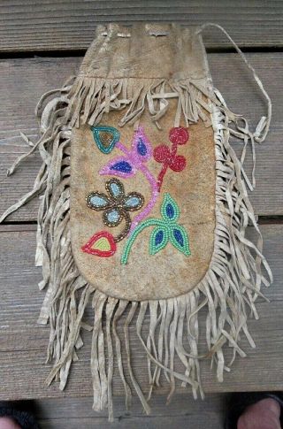 Antique Hand Stitched Native American Indian Beaded Medicine Or Tobacco Bag