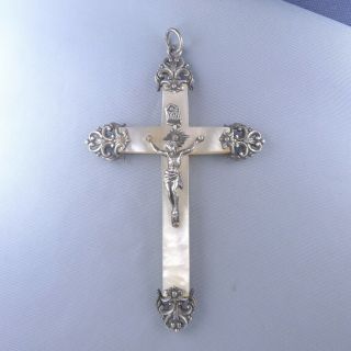 Fine Sterling Silver & Mother Of Pearl Cross / Antique Crucifix Pendant