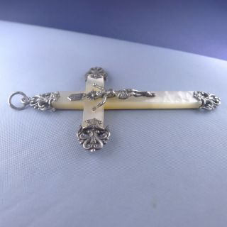 Fine Sterling Silver & Mother of Pearl Cross / Antique Crucifix Pendant 4