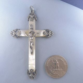 Fine Sterling Silver & Mother of Pearl Cross / Antique Crucifix Pendant 6