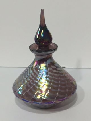Vintage Purple Iridescent Swirl Perfume Decanter Glass Bottle Hand Blown 5.  5”
