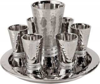 Nickel Hamerwork Silver Rings Set 6 Cups & Kiddush Cup By Yair Emanuel