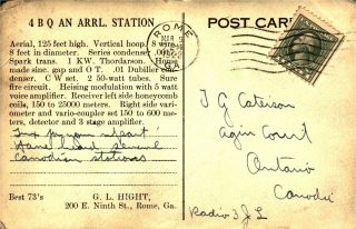 4BQ G.  L.  Hight Rome,  Georgia 1922 w/ Stamp Vintage Ham Radio QSL Card 2