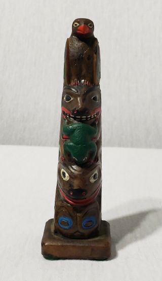 Vintage Alaskan Gifts Wood Carved Totem Pole Statue Hand Painted Ketchikan Rare