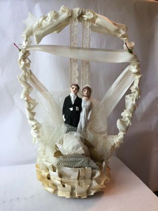 Vintage 1940s Wedding Cake Topper Bride Groom Painted Chalkware (?) Figurines