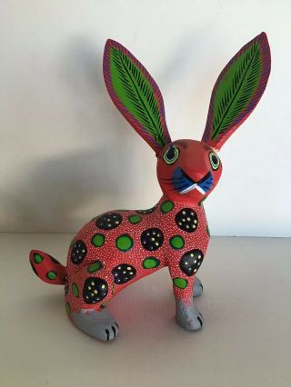 Vintage Mexico Folk Art Painted Wood Carved Rabbit Oaxaca Alebrijes Signed Perez