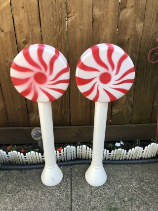 Vtg Set Of 2 Blow Mold Union Red Peppermint Lollipop Christmas Yard Decor 32”