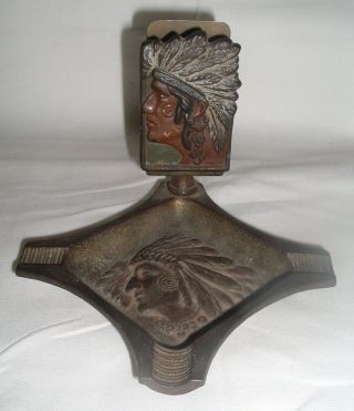 Antique Cast Iron Indian Chief Match Holder / Safe Ashtray Paint & Rare