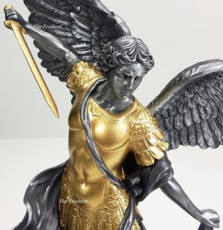 14.  5 " St Michael Archangel Tramples Demon Statue Silver & Gold Finish Sculpture