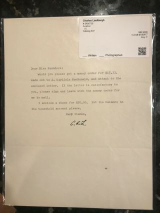 Charles Lindbergh Tls Signed April 1968 Letter Rr