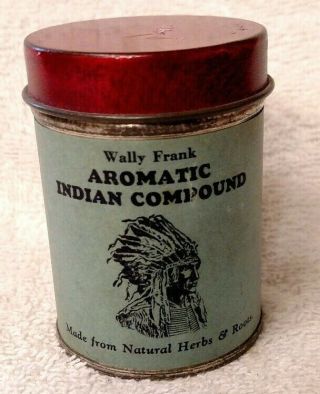 Rare Vintage Wally Frank Aromatic Indian Compound Empty Tobacco Tin Paper Label