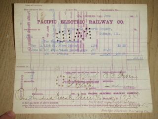Antique 1904 Pacific Electric Railway Los Angeles Ca Voucher Receipt Chicago Il