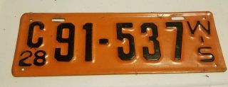 Antique 1928 Wisconsin License Plate C91 - 537