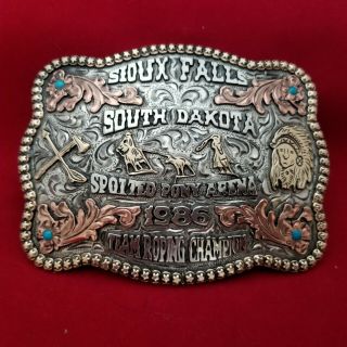 1986 Rodeo Trophy Buckle Vintage Sioux Falls South Dakota Team Rope Champion 689