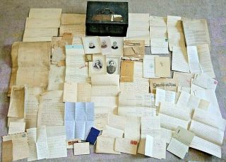 Antique Tin Document Deed Box W/genealogy Photos Letters History,  Harrison,  Burr
