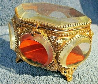 Vintage Antique Ormolu Brass With Beveled Glass Jewelry Casket Trinket Box