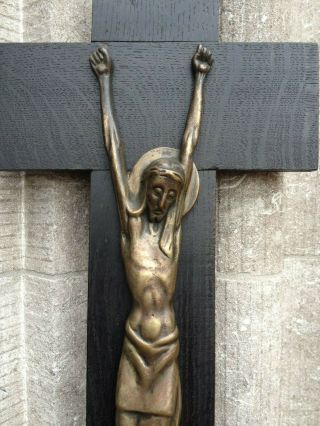 Big Vintage Art Deco Modernistic Wood Cross Crucifix Bronze Jesus Corpus Wall