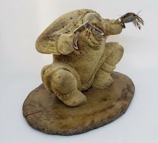 INUIT FOSSILIZED WHALE BONE SCULPTURE CROUCHING MAN SIGNED CHUPAK 2