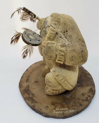 INUIT FOSSILIZED WHALE BONE SCULPTURE CROUCHING MAN SIGNED CHUPAK 4