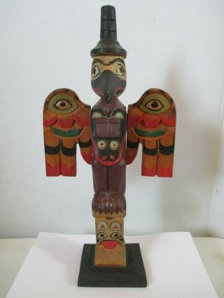 Vintage Northwest Coast Wood Carved And Painted Totem Pole Raven On Sun Box