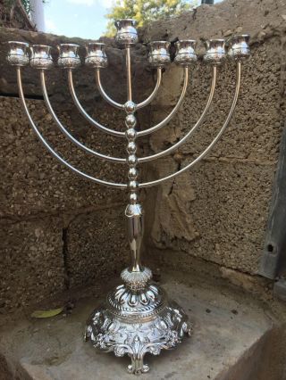 Silver Plated 18 " Xl Israel Hanukkah Candle Holder,  Fancy Hanukia Jewish Judaica