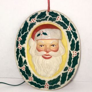 Vintage Christmas Vinylite Santa Face Wreath Wall Plaque Hanging Light Up Plug