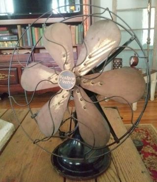 Western Electric 16 " Antique Oscillating Fan W/ 6 Brass Blades Great