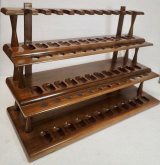 Xl Vintage Walnut Wood Tobacco Pipe Rack Display Stand Holder For 36 Mid Century