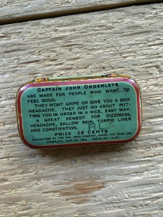 Captain John Orderleys Tin The Owl Drug Co Store Vintage Pill Box Laxatives 2