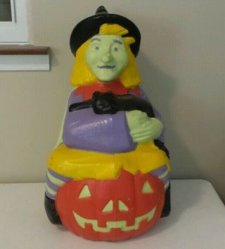 1993 Halloween Tpi Green Witch W/ Pumpkin & Cat Plastic Lighted Blow Mold 23 "