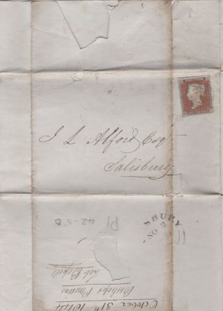 1844 Qv Bristol Letter With A 1d Penny Red Imperf Stamp Sent To Salisbury