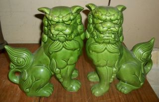 Chinese Foo Dogs Figurines - Set Of 2 - Green Glazed Ceramic - 9 - 1/2 " Tall