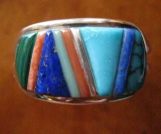 Navajo Ring Sterling W Inlaid Multi Color Stones 4 By Edison Yazzie,  Size 10.  25