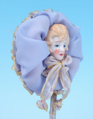 Antique German Porcelain Lady Head Powder Puff Wand Patter Art Deco Half Doll 5