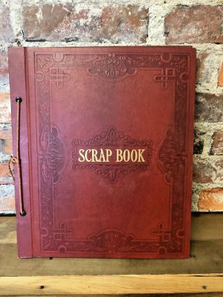 Vintage Scrap Book Tie Bound Burgundy Scrapbook Photo Album Art Deco 27 Pages