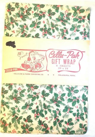 Holly Gift Wrap Paper.  Cellu - Pak.  Philadelphia.  In Wrapper