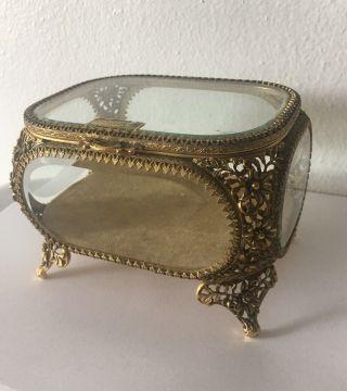 Vintage Matson Ormolu Filigree Beveled Glass Vanity Jewelry Box Casket