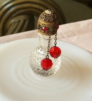 Czech Irice Mini Perfume Bottle Red Jeweled Top & Red Beads - Final Markdown